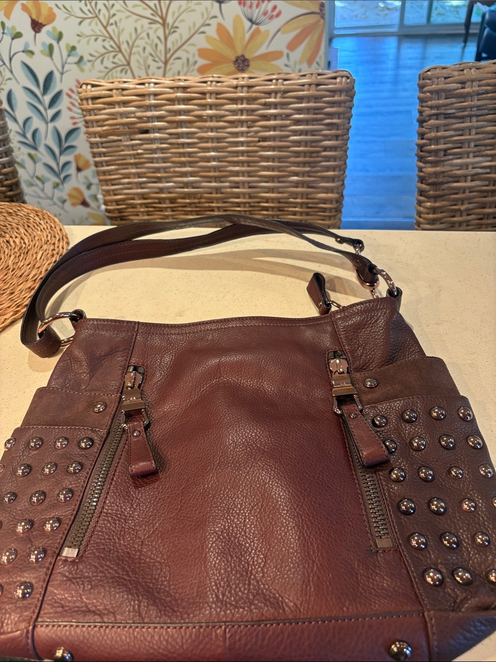 Makowsky Rose-Gold Studded Brown Leather Crossbody Hobo Bag - Picture 9 of 9